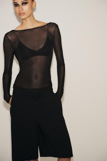 SEMI-SHEER T-SHIRT WITH DRAPED BACK - Black by Zara