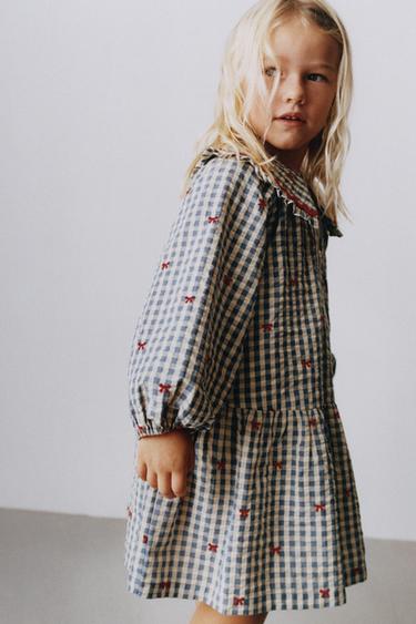 CHECKED DRESS WITH EMBROIDERED BOWS - Blue by Zara