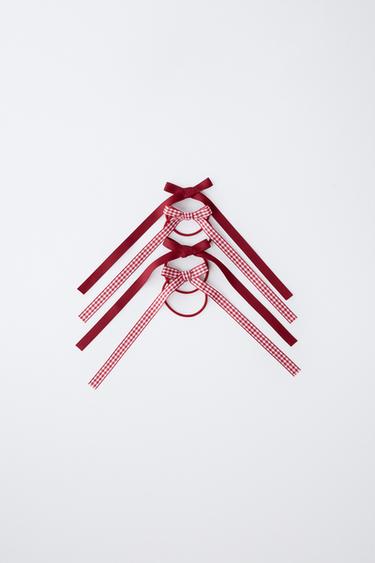 4-PACK OF GINGHAM CHECK HAIR BOBBLES WITH BOWS - Burgundy by Zara - Image 0
