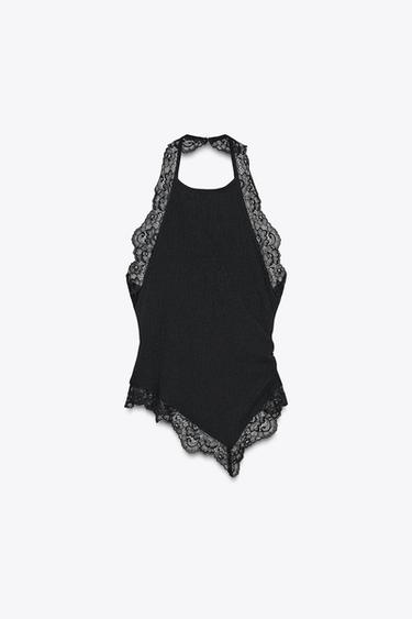 TEXTURED HALTER TOP WITH LACE - Black by Zara