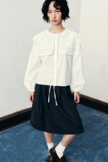 ZW COLLECTION EMBROIDERED COLLAR POPLIN SHIRT - Oyster-white by Zara