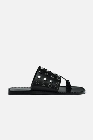 FLAT LEATHER SLIDER SANDALS WITH STUDS - Black by Zara