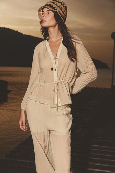 SEMI-SHEER CREASED-EFFECT SHIRT - Light beige by Zara