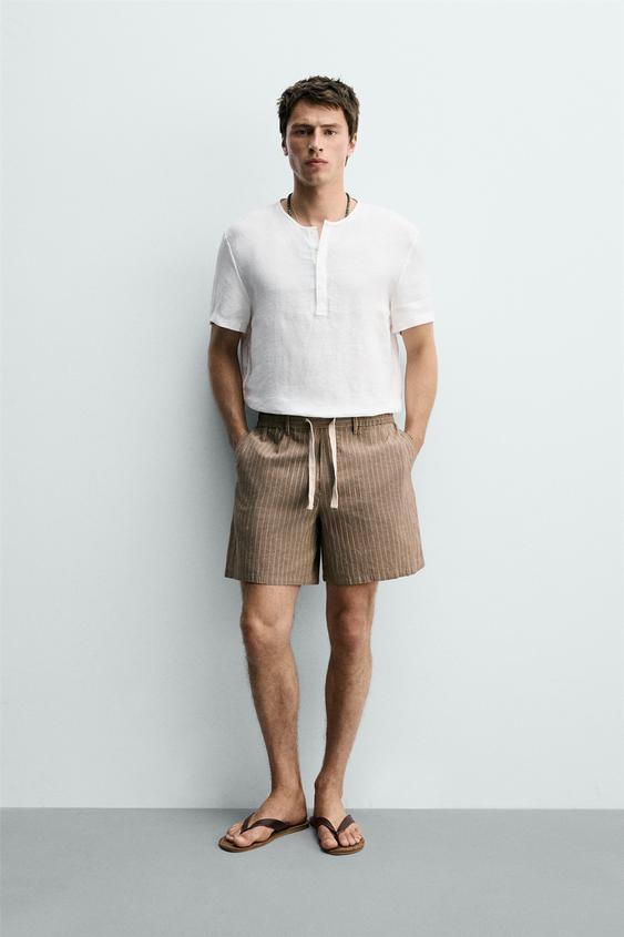 COTTON/LINEN RELAXED FIT BERMUDA SHORTS - Brown / Ecru by Zara - Image 0