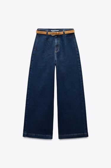 Z1975 WIDE-LEG CROPPED HIGH-WAIST BELTED JEANS - Blue by Zara