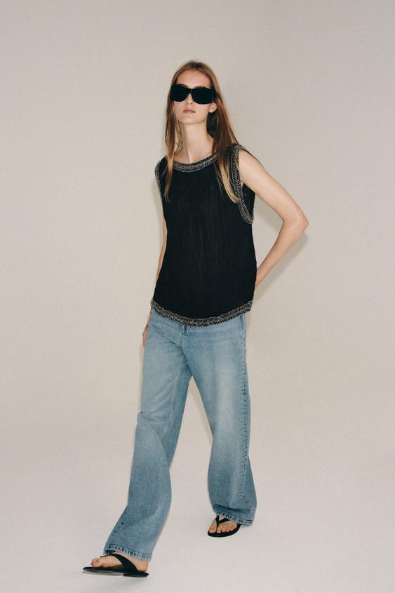 ZW COLLECTION JACQUARD BEADED TOP - Black by Zara - Image 0