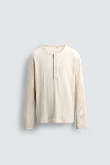 TEXTURED BUTTON-UP COLLAR T-SHIRT - Oyster-white by Zara