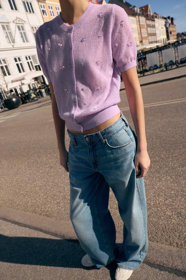 SEQUIN SHORT SLEEVE CARDIGAN - Pink / Lilac by Zara