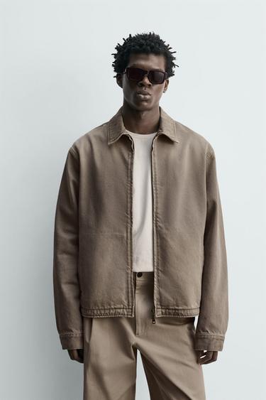 REGULAR FIT ZIPPED DENIM JACKET - Brown / Taupe by Zara