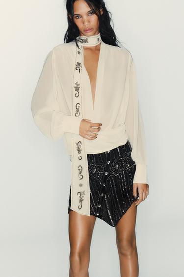 GEORGETTE FOULARD SHIRT WITH BEADS - Beige by Zara