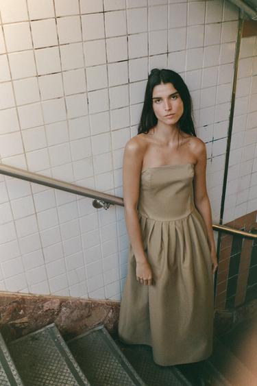 STRAPLESS MIDI DRESS - Khaki by Zara