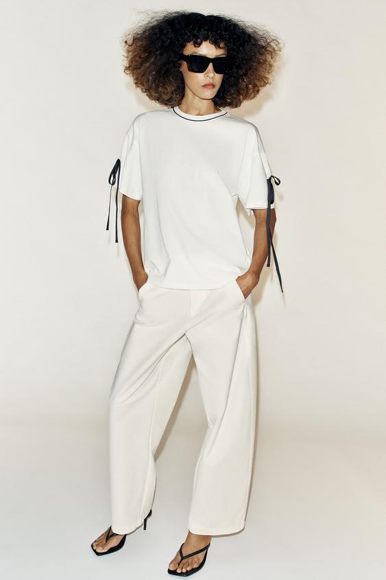 T-SHIRT WITH CONTRAST PIPING AND TIES - White by Zara - Image 0