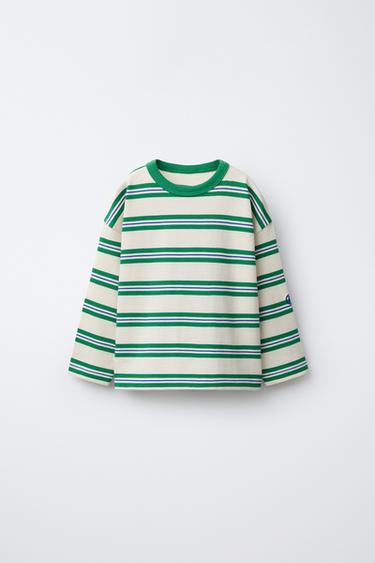 EMBROIDERED STRIPED T-SHIRT - White / Green by Zara - Image 0