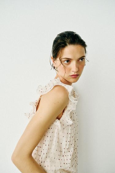 POLKA DOT TOP WITH RUFFLES - Ecru / Maroon by Zara