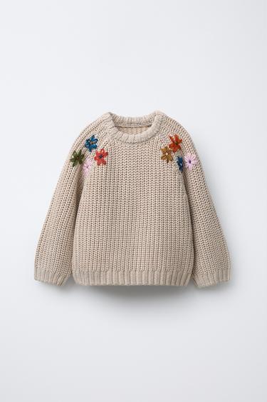 KNIT JUMPER WITH EMBROIDERED FLOWERS - Mid-ecru by Zara