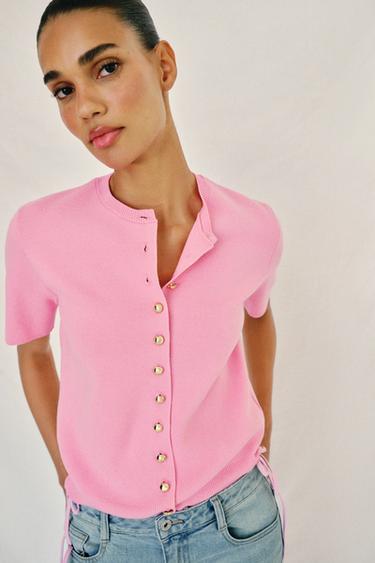SHORT SLEEVE KNIT CARDIGAN - Pink by Zara