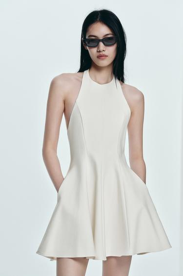 SHORT HALTER GODET DRESS - White by Zara
