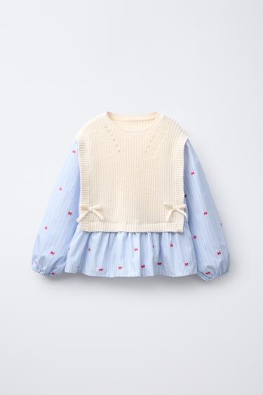 BOW EMBROIDERY SHIRT COMBINED KNITTED VEST - Ecru / Blue by Zara - Image 0