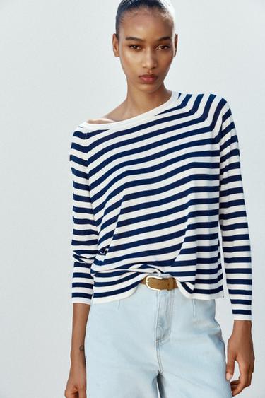 FINE KNIT STRIPED SWEATER - Ecru / Blue by Zara