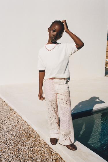 PATCHWORK STRAIGHT-LEG TROUSERS WITH SWISS EMBROIDERY - Beige-pink by Zara