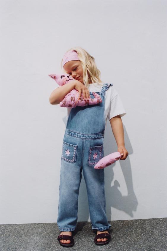 EMBROIDERED FLORAL DENIM DUNGAREES - Blue by Zara - Image 0