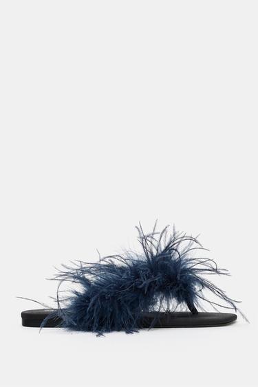 FEATHER DETAIL FLAT SANDALS - Blue by Zara