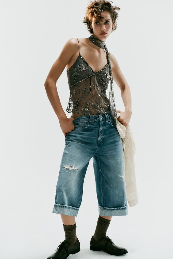 TRF MID-WAIST RIPPED DENIM JORTS - Blue by Zara - Image 0