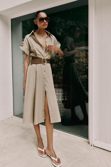 MIDI POPLIN DRESS WITH BELT - Light beige by Zara