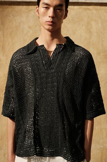 CROCHET TEXTURED POLO SHIRT - Grey green by Zara
