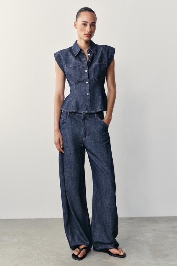 LINEN BLEND PEPLUM SHIRT WITH SHOULDER PADS - Indigo by Zara - Image 0