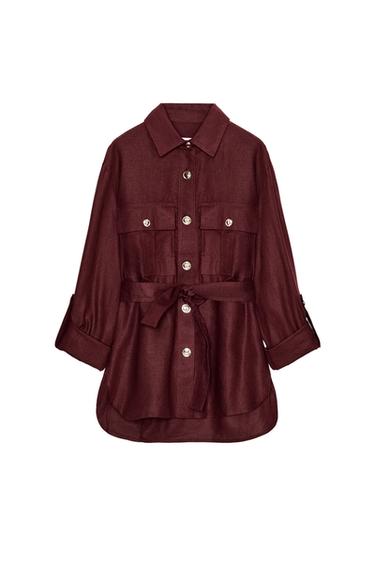 BELTED LINEN BLEND SAFARI JACKET - Burgundy by Zara