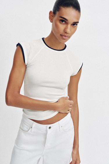 DOUBLE SHORT SLEEVE EFFECT T-SHIRT - Oyster-white by Zara