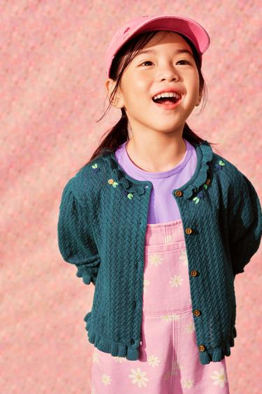 COTTON LINEN CARDIGAN WITH RUFFLE AND EMBROIDERY - Duck green by Zara