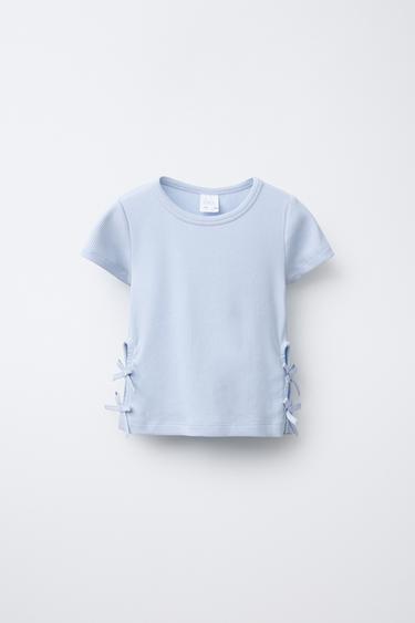 RIBBED CUT-OUT T-SHIRT WITH BOWS - Blue by Zara