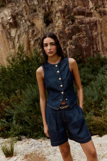 Z1975 DENIM WAISTCOAT WITH GOLD BUTTON - Blue by Zara
