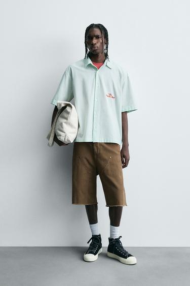 STRIPED SHIRT WITH CONTRAST SLOGAN - Green by Zara - Image 0