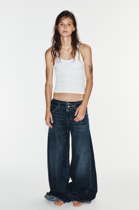 TRF MID-WAIST PLEATED BELTED JEANS - Navy blue by Zara - Image 0
