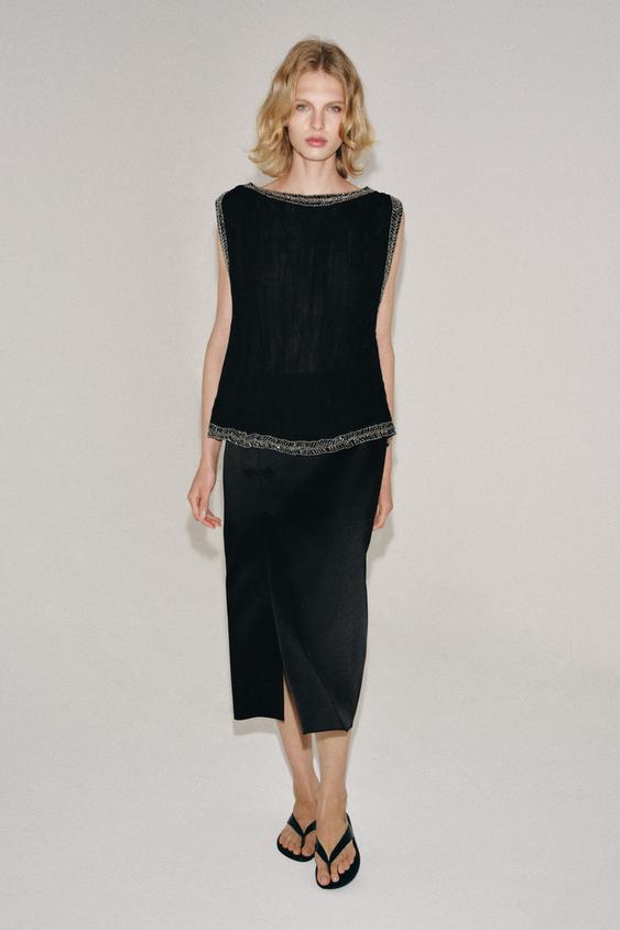 ZW COLLECTION JACQUARD BEADED TOP - Black by Zara - Image 0