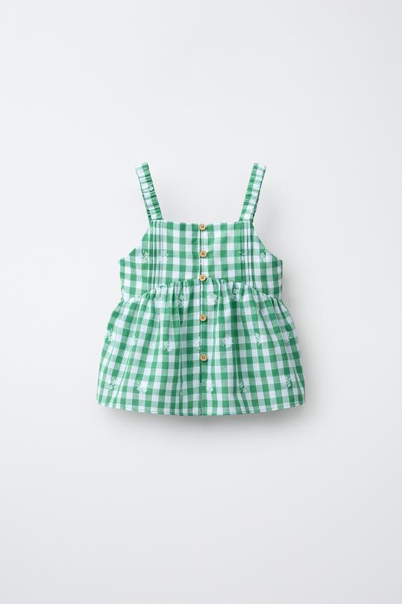 EMBROIDERED GINGHAM TOP - White / Green by Zara - Image 0