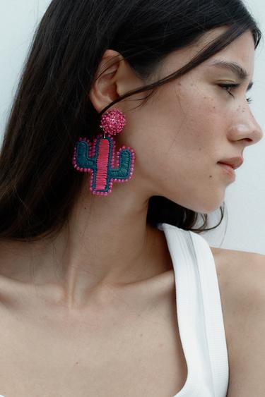 CACTUS RAFFIA RHINESTONE EARRINGS - Pink by Zara