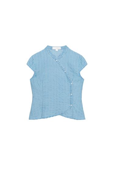 STRIPED BUTTON-UP WRAP TOP - Light blue by Zara