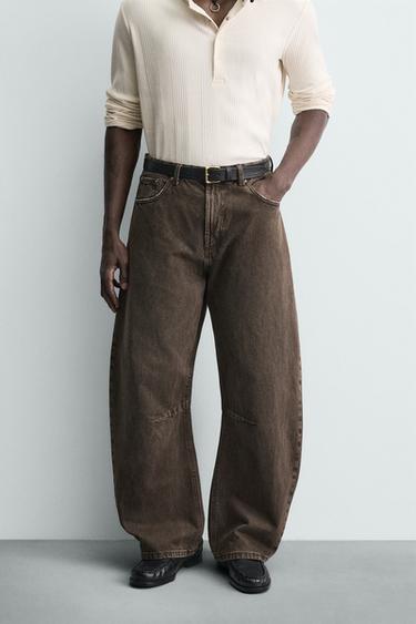 WASHED BARREL FIT TROUSERS - Brown by Zara