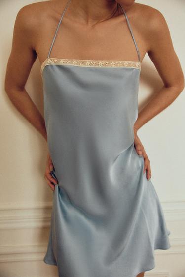 100% SILK LACE TRIM CAMISOLE DRESS - light blue marl by Zara