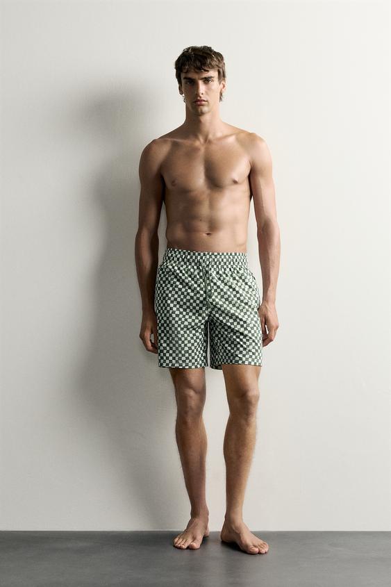 LONG CHECKED SWIMMING TRUNKS - Bottle green by Zara - Image 0