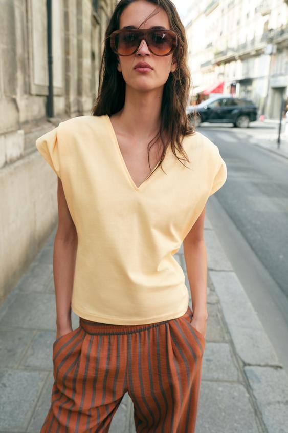 COTTON V-NECK T-SHIRT - Peach by Zara - Image 0