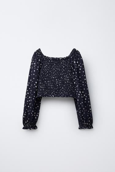 STAR PRINT TOP WITH ELASTIC DETAIL - Navy blue by Zara