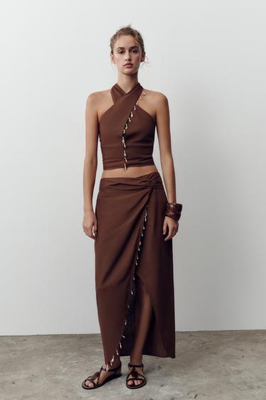 MIDI SKIRT WITH LINEN BLEND AND SHELLS - Terracotta by Zara