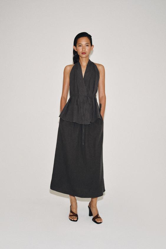 ZW COLLECTION LINEN BLEND WRAP TOP - Anthracite grey by Zara - Image 0