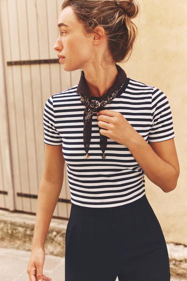 CROPPED STRETCH T-SHIRT - Blue/White by Zara