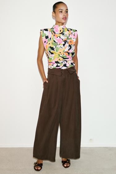 TROUSERS WITH TURN-UP WAIST AND DARTS - Brown by Zara